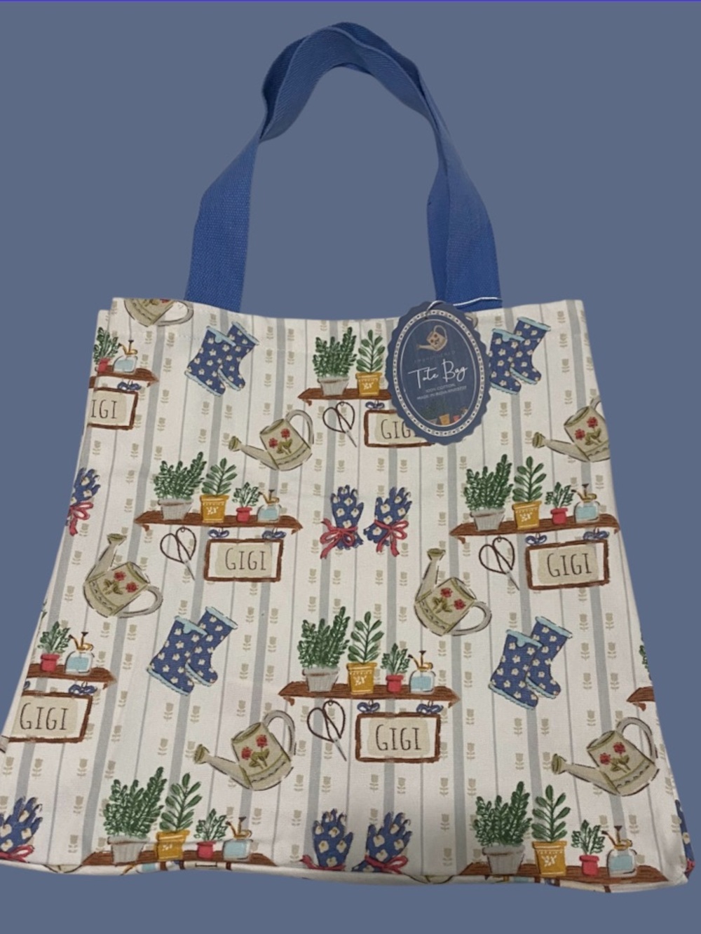 Garden Canvas Tote in Cream with Blue Handles